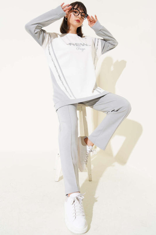 Zweiteiliger Anzug mit Pailletten und Aufdruck Loysha Grau