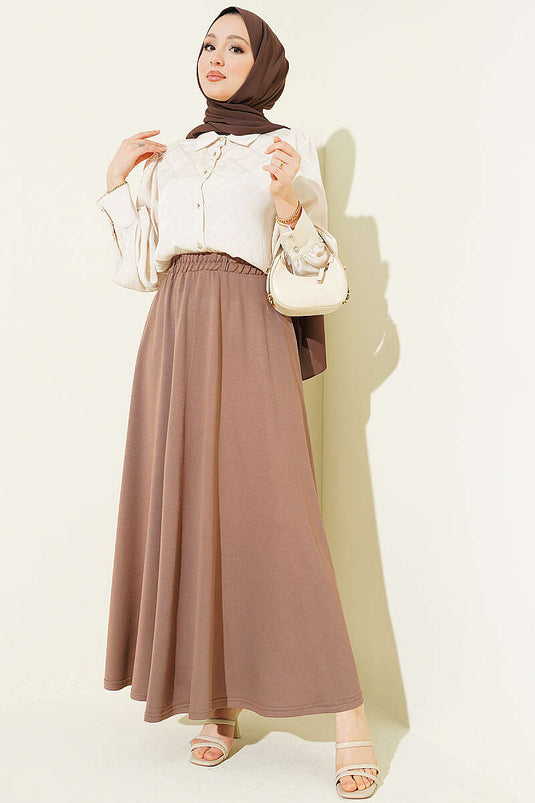 Loyşa Waist-Elastic Belted Skirt Chestnut