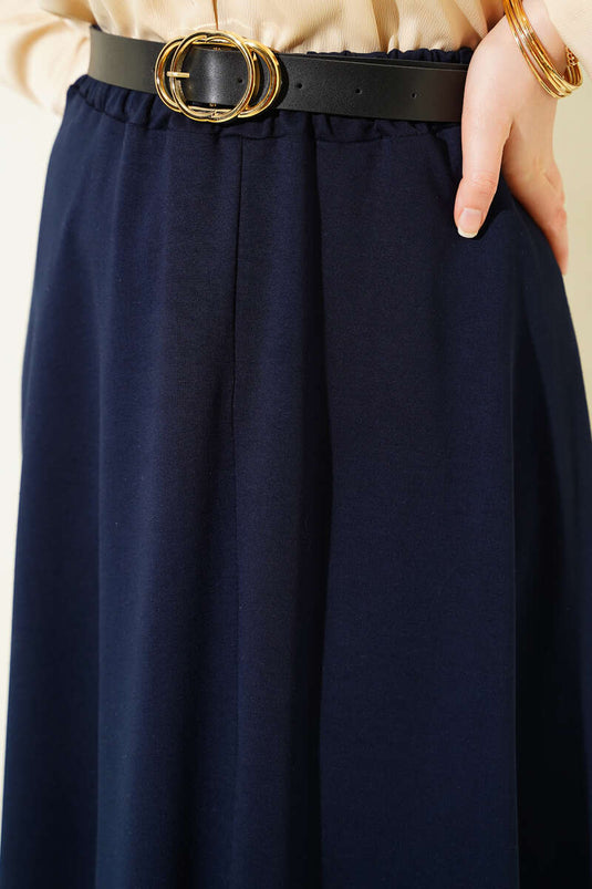 Loyşa Waist-Elastic Belted Skirt Navy Blue