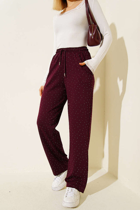 Loyşa Bel Lastikli Mini Taşlı Pantolon Bordo