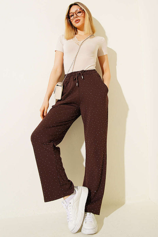 Pantalon court à pierres avec ceinture élastique Loyşa Bel, couleur café