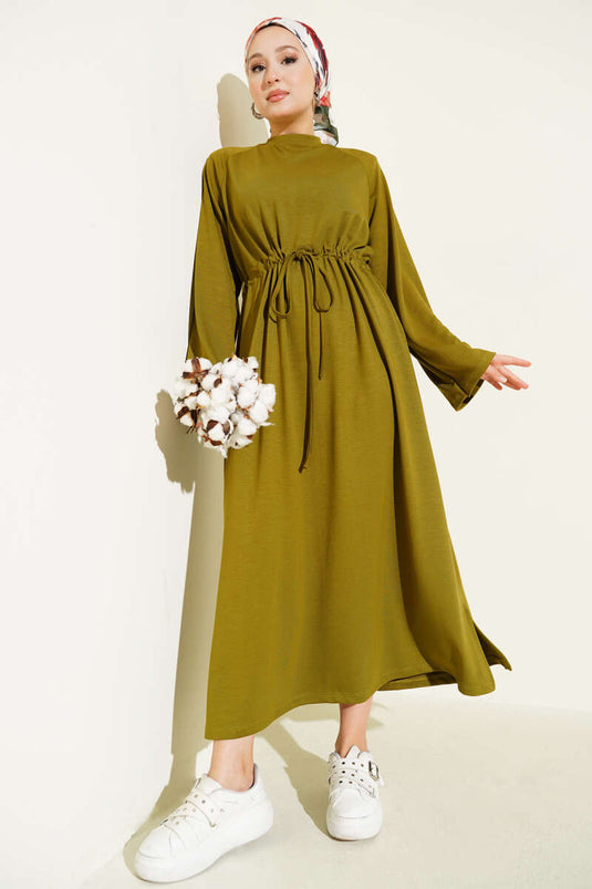Loyşa Bel Tünel Detaylı Elbise Yağ Yeşili