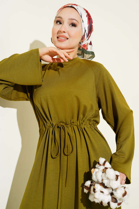 Loysa Belt Tunnel Detail Dress Olive Green