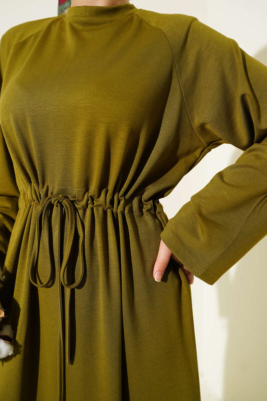 Loyşa Bel Tünel Detaylı Elbise Yağ Yeşili