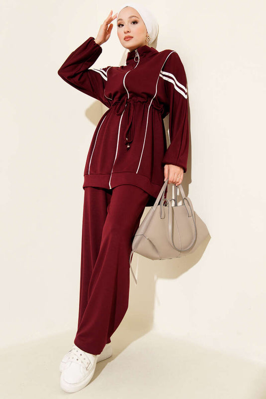 Loyşa Waist Tunnel Striped Two Piece Suit Burgundy