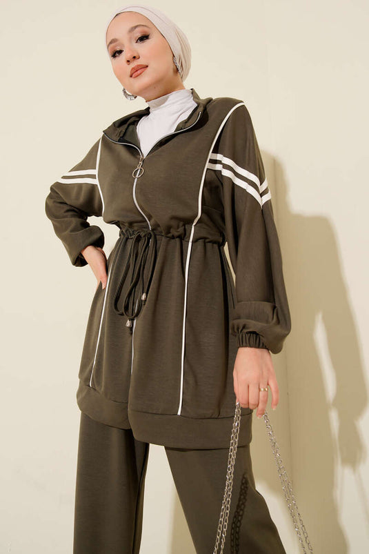 Loyşa Waist Tunnel Gestreept Tweedelig Pak Khaki