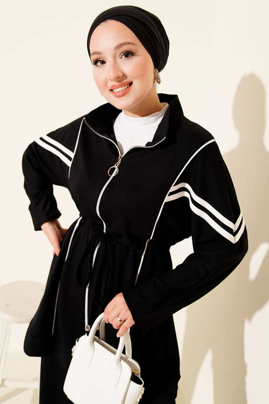 بدلة لويزا المخططة ذات الخصر النفقي باللون الأسود من قطعتين