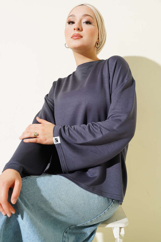 Loyşa Blouse Basique à Manchette avec Broderie, Fumé