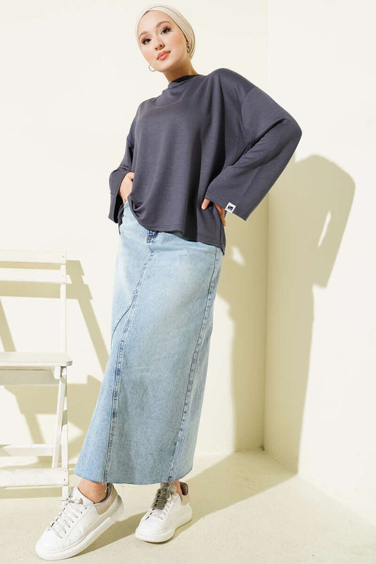 Loyşa Blouse Basique à Manchette avec Broderie, Fumé