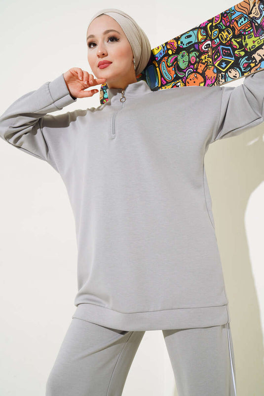 Ensemble Loyşa à demi-fermeture éclair avec bordure gris