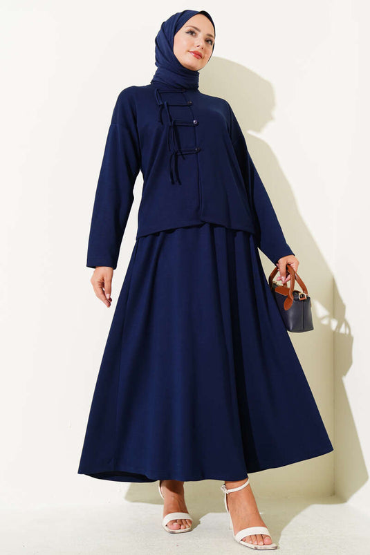 Loyşa Brit Buttoned Skirted Two Piece Suit Navy Blue
