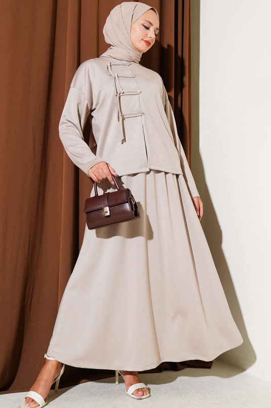 Loyşa Brit Düğmeli Etekli İkili Takım Taş