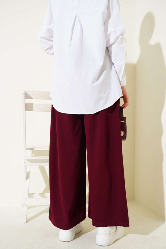 Loyşa Cepli Geniş Paça Pantolon Bordo