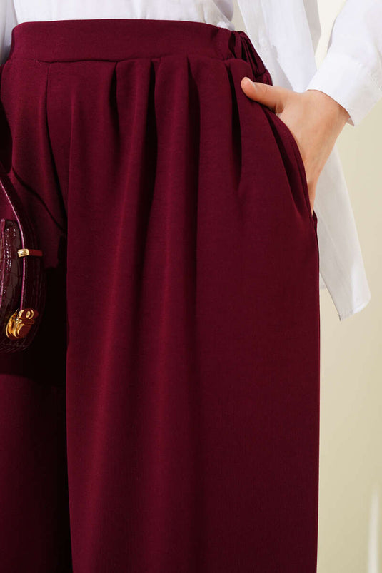 Loyşa Cepli Geniş Paça Pantolon Bordo