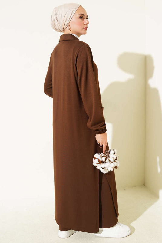 Loyşa Cepli Uzun Tunik İkili Takım Kahve