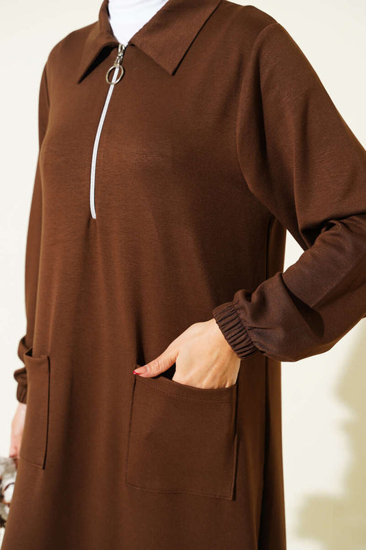 Loyşa Cepli Uzun Tunik İkili Takım Kahve