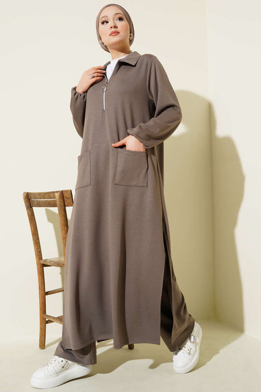 Loyşa Pocketed Long Tunic Two Piece Set Mink