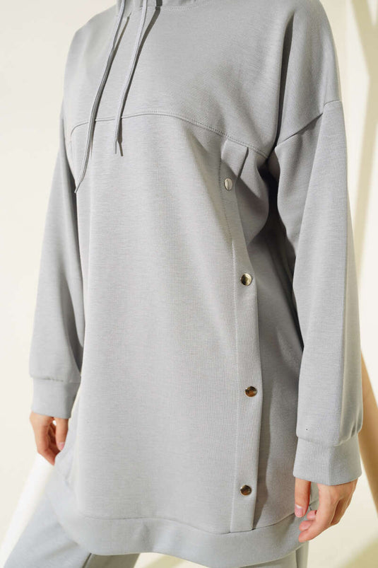 Loyşa Çıtçıt Süslemeli Kapüşonlu İkili Takım Gri