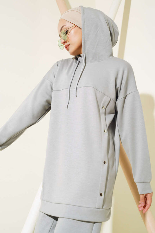 Loyşa Çıtçıt Süslemeli Kapüşonlu İkili Takım Gri