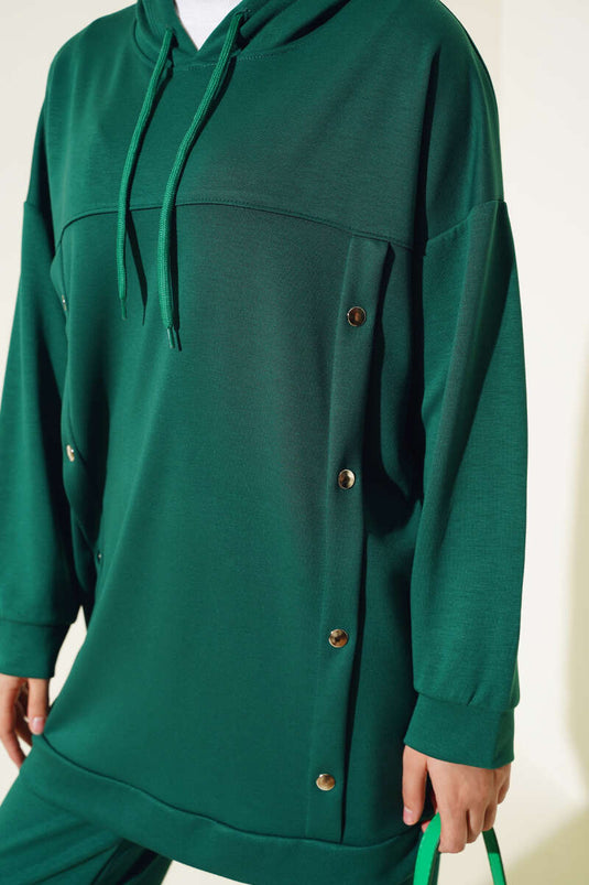 Loyşa Snap-Decorated Hooded Two-Piece Set Green