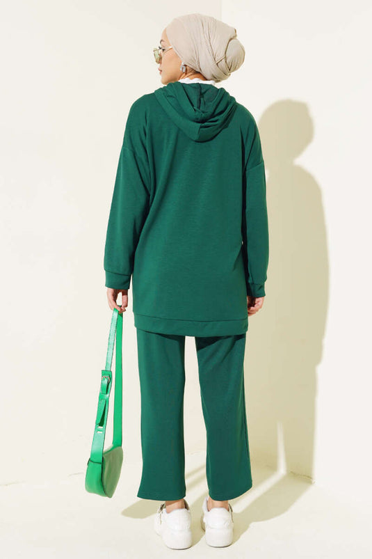 Loyşa Snap-Decorated Hooded Two-Piece Set Green