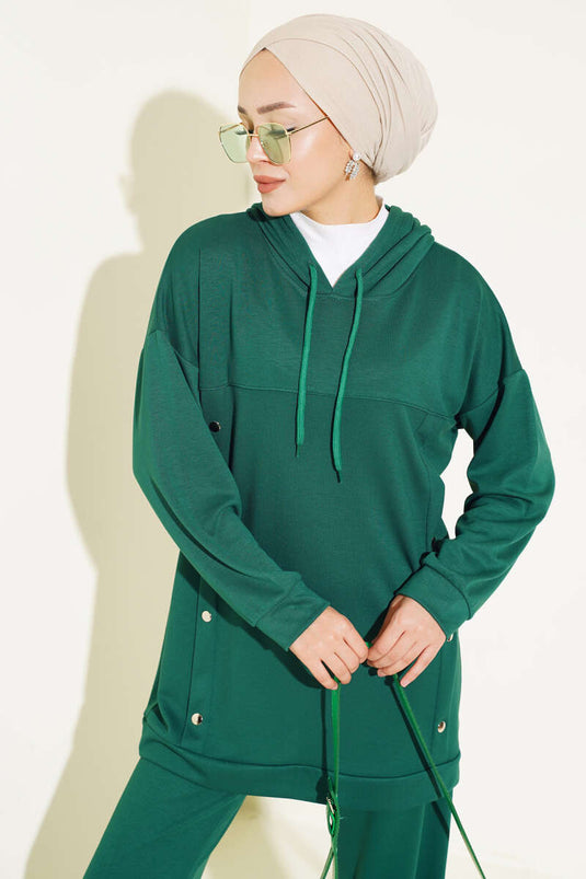 Loyşa Snap-Decorated Hooded Two-Piece Set Green