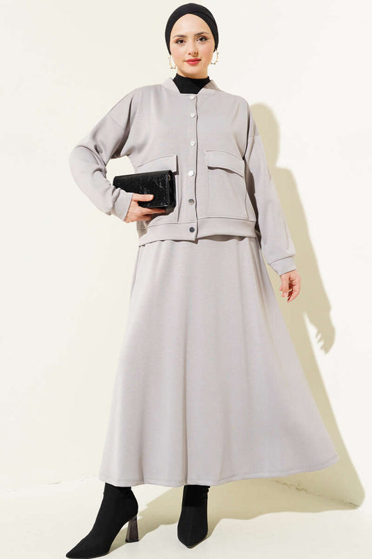 Loyşa Snap Button Skirt Set Gray