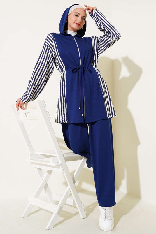 Loyşa Striped Garnish Waist Tunnel Two Piece Suit Navy Blue