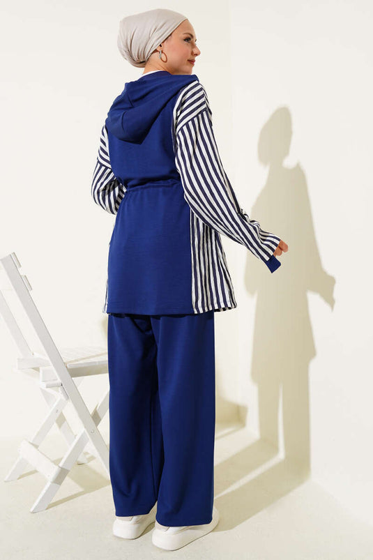 Loyşa Striped Garnish Waist Tunnel Two Piece Suit Navy Blue