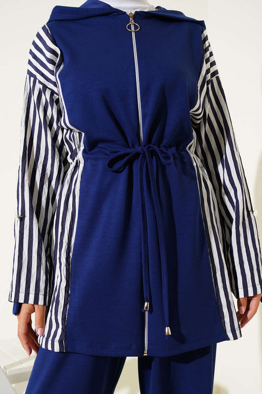 Loyşa Striped Garnish Waist Tunnel Two Piece Suit Navy Blue