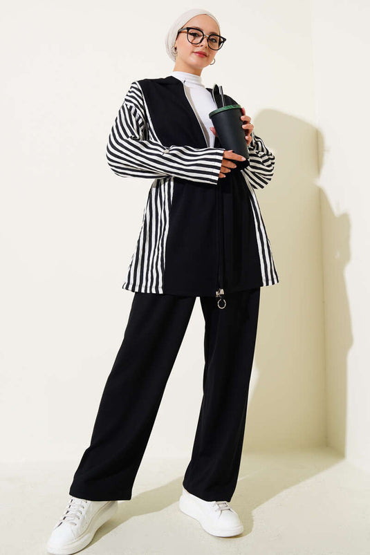 Loyşa Gestreepte Garnish Taille Tunnel Tweedelige Set Zwart