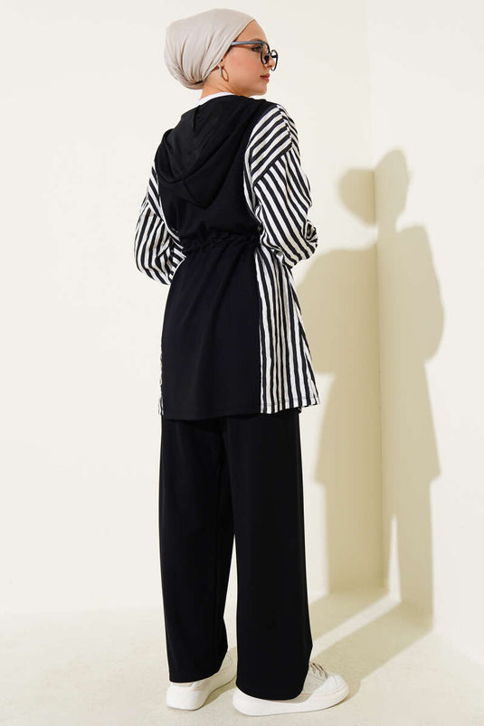 Loyşa Gestreepte Garnish Taille Tunnel Tweedelige Set Zwart