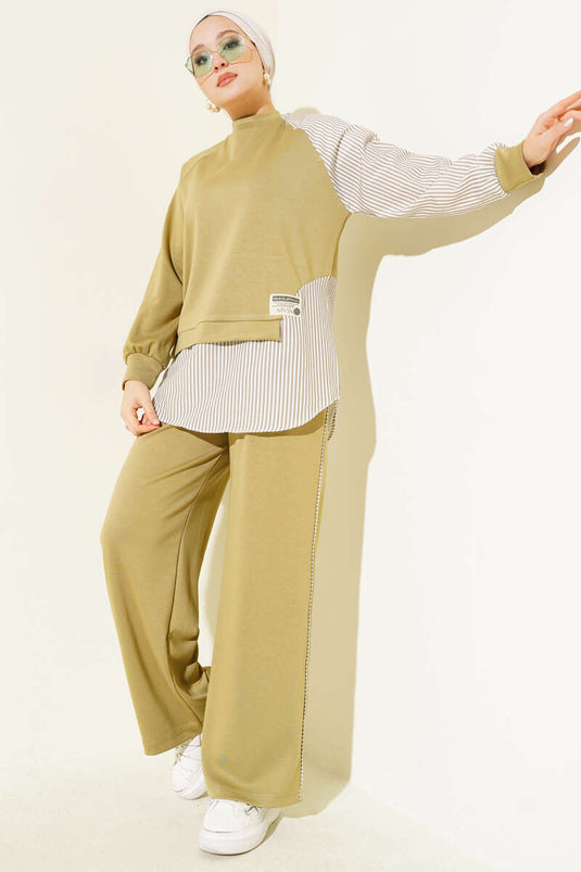 Loyşa Striped Fringed Tunic Two-Piece Set in Çağla Green