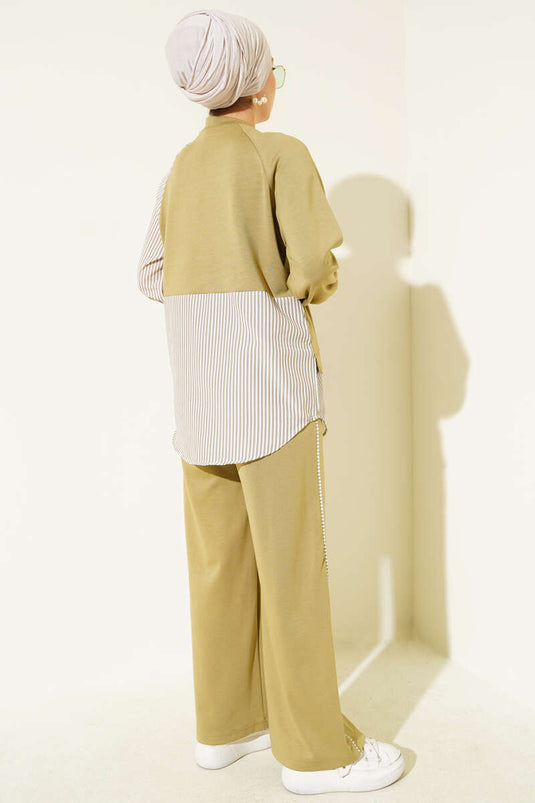 Loyşa Striped Fringed Tunic Two-Piece Set in Çağla Green