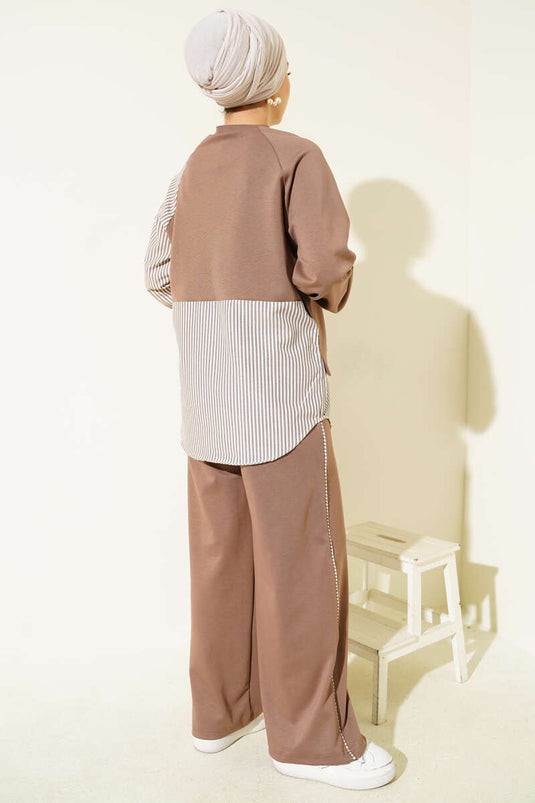 Loyşa Striped Embellished Tunic Two-Piece Set Mink