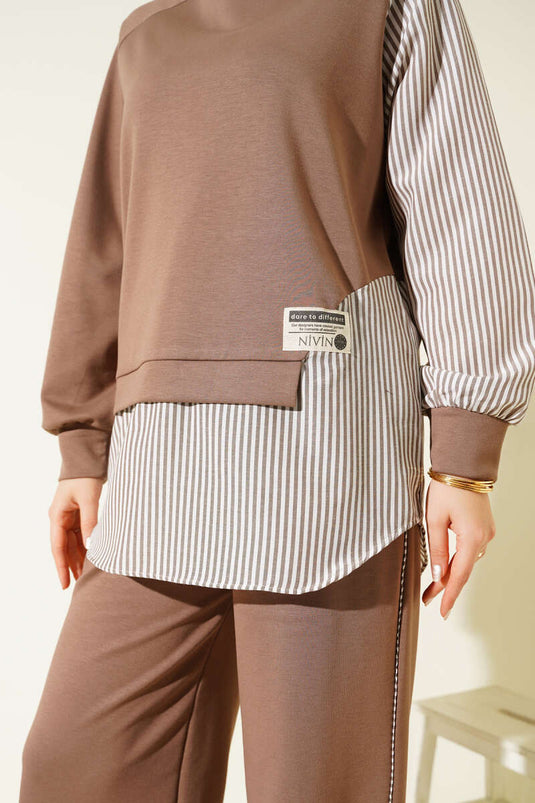 Loyşa Striped Embellished Tunic Two-Piece Set Mink