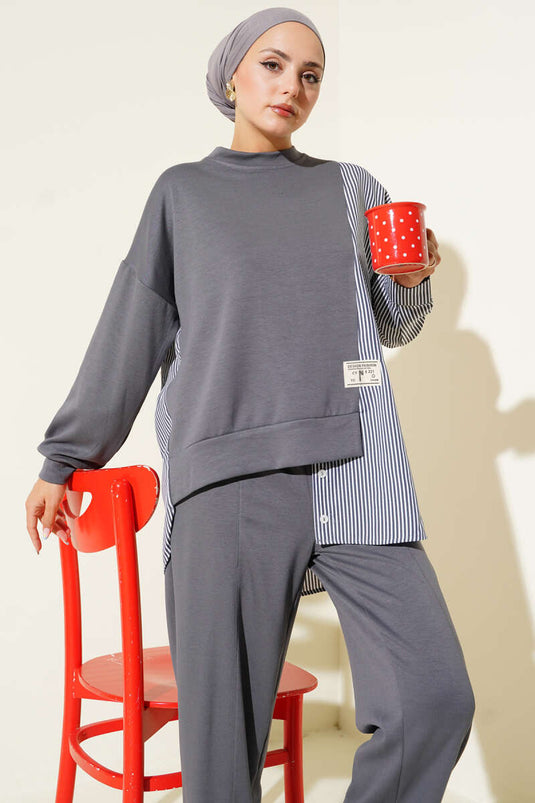 Loyşa Striped Shirt Garnished Two Piece Suit Smoke