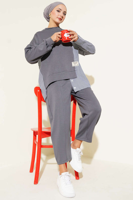 Loyşa Striped Shirt Garnished Two Piece Suit Smoke