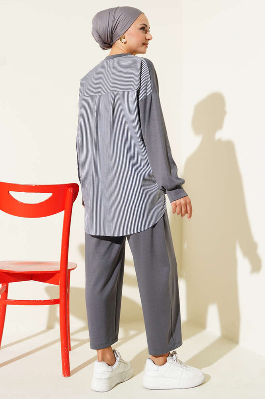 Loyşa Striped Shirt Garnished Two Piece Suit Smoke