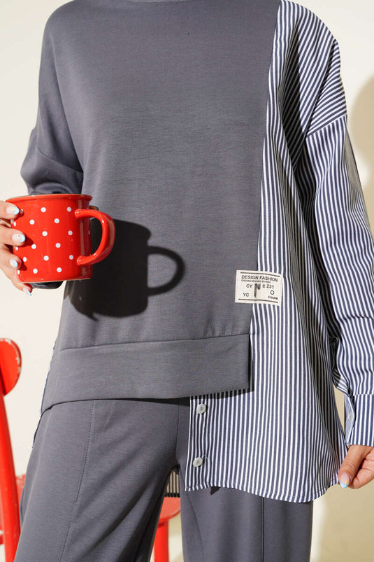 Loyşa Striped Shirt Garnished Two Piece Suit Smoke