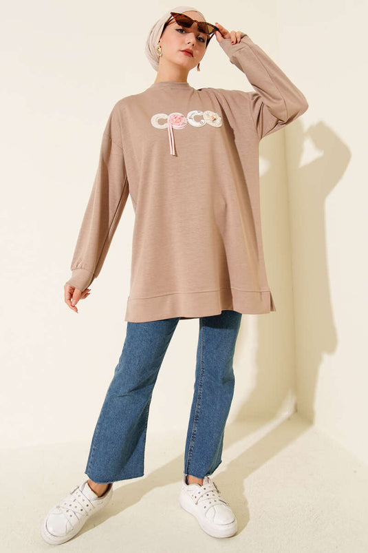 Loyşa Coco Text Decorated Tunic Beige