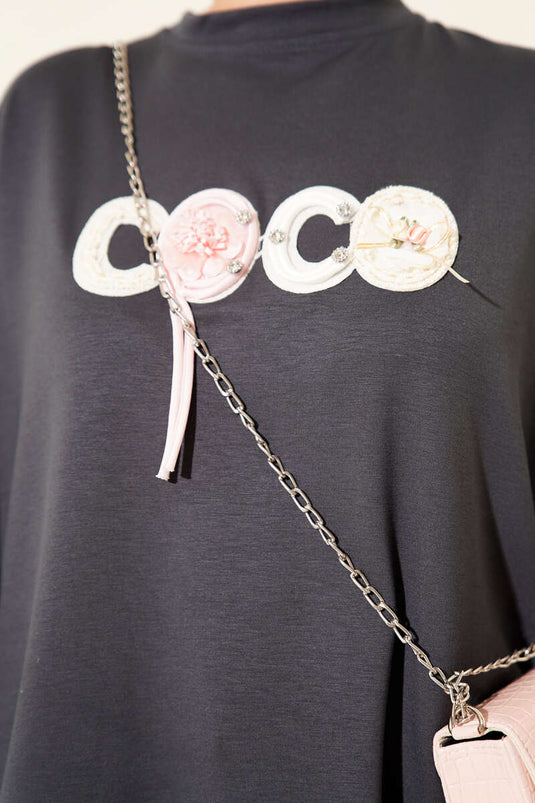 Loyşa Coco Yazı Süslemeli Tunik Füme