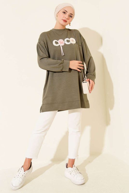 Loyşa Coco Text Decorated Tunic Khaki