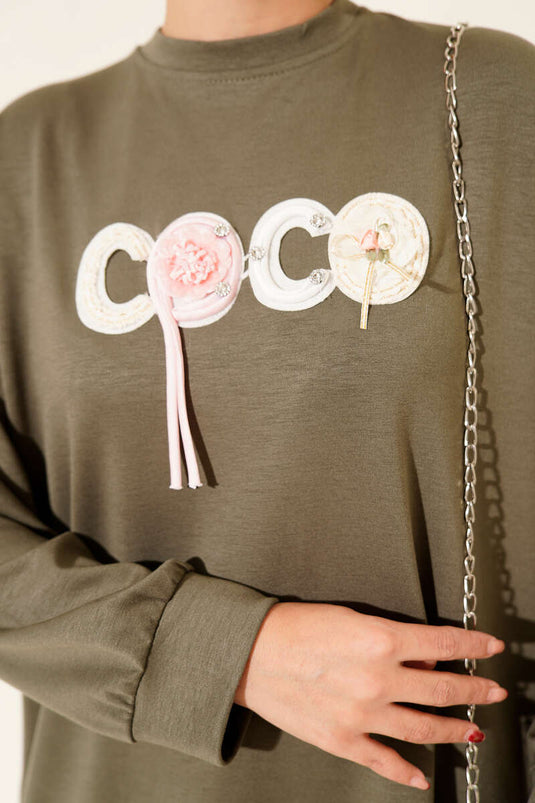 Loyşa Coco Yazı Süslemeli Tunik Haki