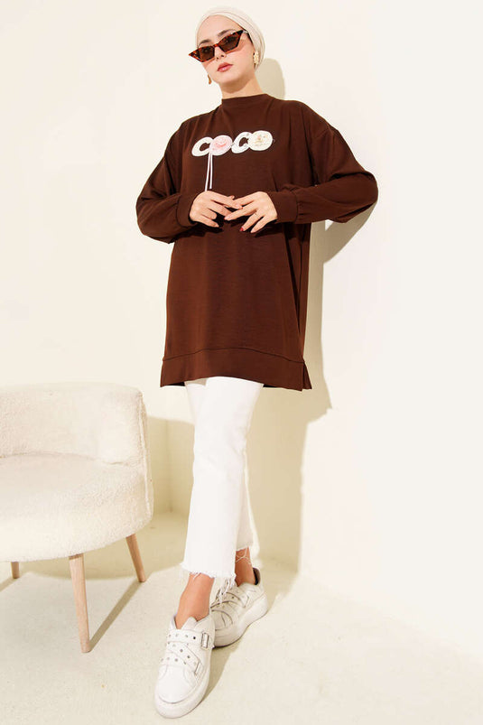 Loyşa Coco Text Decorated Tunic Brown