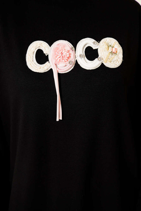 Loyşa Coco Text Decorated Tunic Black