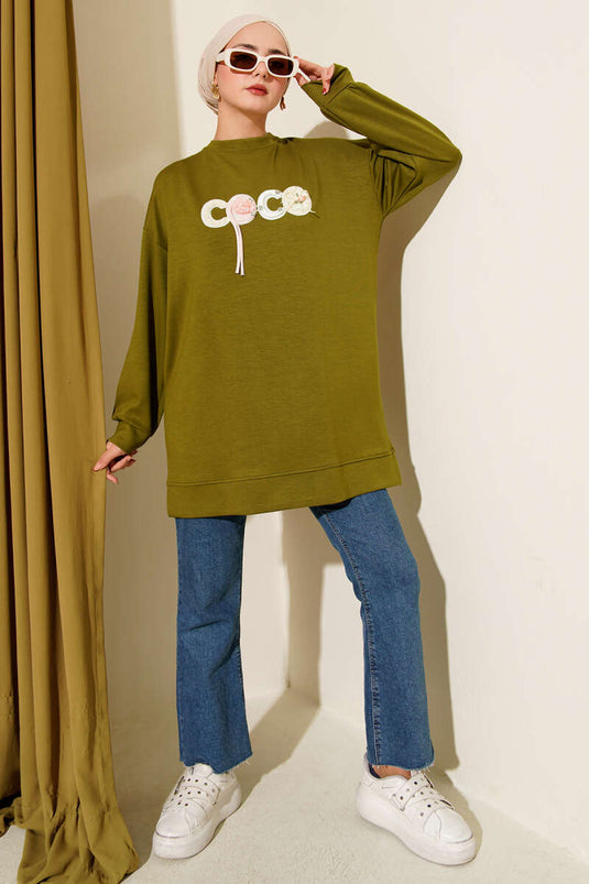 Loyşa Coco Text Decorated Tunic Oil Green
