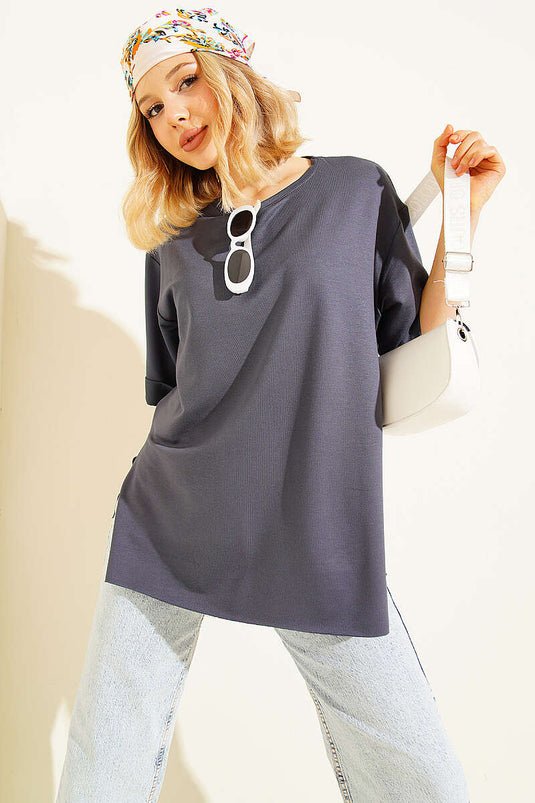 Loyşa Duble Kol Yırtmaçlı T-shirt Füme