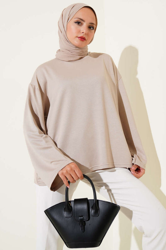 Loyşa Off-Shoulder Basic Tunika Beige