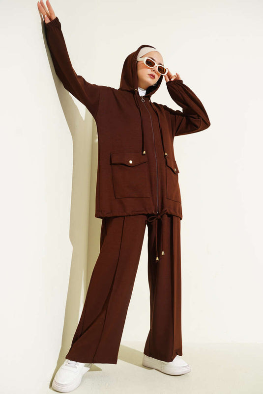 Sweat à capuche Loysa deux pièces avec fermeture éclair et poches, marron foncé